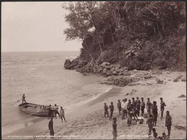 Boats crew and Dorig people on beach, Santa Maria, Banks Islands, 1906 / J.W. Beattie