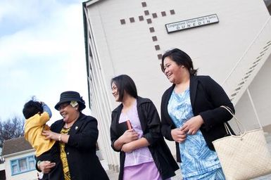 Group outside the Congregational Christian Church in Samoa, South Dunedin