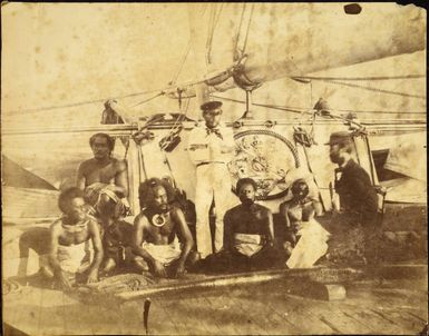 Men on the deck of the Pelorus, Vanua Levu, Fiji, 1861