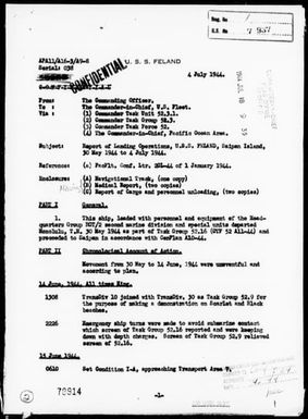 USS FELAND - Rep of Ops, 5/30/44 to 7/4/44 Landings on Saipan Island, Marianas