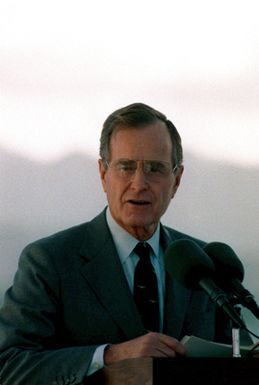 President George Bush speaks at the USS Arizona Memorial during a ceremony marking the 50th anniversary of the Japanese attack on Pearl Harbor