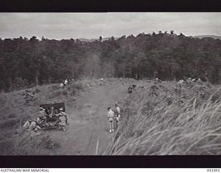 SOGERI VALLEY, NEW GUINEA. 1943-06-29. ONE ROUND OF GUN FIRE FROM NOS. 4, 3 AND 2 GUNS (LEFT TO RIGHT) OF B TROOP, 9TH BATTERY, 2/5TH AUSTRALIAN FIELD REGIMENT, DURING A PRACTICE SHOOT