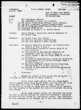 USS BILOXI - Rep of Ops During the Carrier Air Strikes on the Palau, Pyukyu, Formosa & Philippine Is, 9/24/44 - 10/20/44, Including AA Acts 10/1-12, 13 & 15/44