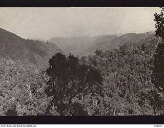 BULLDOG-WAU ROAD, NEW GUINEA, 1943-07-16. LOOKING DOWN THE ELOA RIVER VALLEY FROM BANNON'S LOOKOUT THROUGH WHICH THE ROAD HAS BEEN CONSTRUCTED