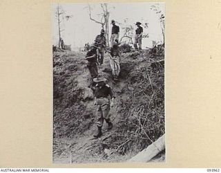 ULUPU, NEW GUINEA, 1945-07-10. BRIG M.J. MOTEN, COMMANDING OFFICER, 17 INFANTRY BRIGADE (1), AND PARTY, MOVING DOWN ULUPU RIDGE TO INSPECT FORWARD POSITIONS OCCUPIED BY THE BATTALION