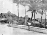 Avarua (Cook Islands), people on street in town with mountains in distance