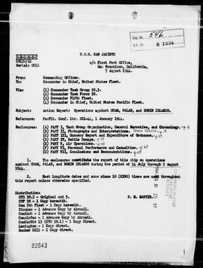 USS SAN JACINTO - Report of Operations, period 7/14/44 thru 8/5/44 - Air strikes against Guam, Palau And Bonin Islands