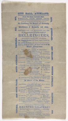 City Hall, Auckland. Grand vice-regal command night, Friday Feb 25th, 1876. Under the distinguished patronage and presence of His Excellency the Marquis of Normanby (Governor of New Zealand) ... positively the last appearance but one, of the celebrated Lynch Family Bellringers ... Reed and Brett, general steam printers, Auckland [Silk programme. 1876]