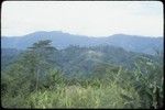 Jimi River area, panoramic view 08: garden and mountains, settlement in distance