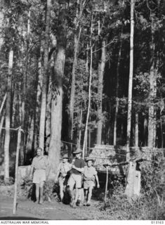 Skindewai, New Guinea. 29 August 1942. An Australian outpost in the Salamaua area. At far right is Private Roy O. Warren. (Negative by D. Parer)