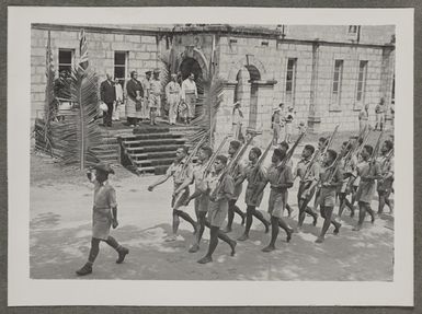 Members of the Tonga Defence Force of 2nd NZEF on parade in Tonga celebrating the capitulation of Italy during World War 2