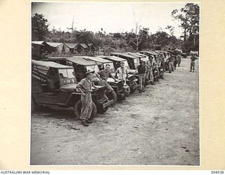 CAPE WOM, WEWAK AREA, NEW GUINEA. 1945-08-07. TROOPS OF HEADQUARTERS COMMAND, AUSTRALIAN ARMY SERVICE CORPS, 6 DIVISION, WITH A LINE UP OF SOME OF THE 43 JEEPS THAT CONSTITUTE THE 2/3 TRANSPORT ..