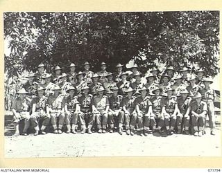 LAKONA, NEW GUINEA, 1944-03-29. OFFICERS OF THE 30TH INFANTRY BATTALION, 8TH INFANTRY BRIGADE. LEFT TO RIGHT, BACK ROW: QX40919 LIEUTENANT (LT) W. P. WELLS; NX121848 LT E. A. BEATTIE; NX124564 LT ..