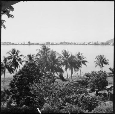 View of Salamaua from the mainland with buildings in the foreground, Salamaua, New Guinea, 1936 / Sarah Chinnery