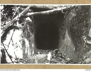FINSCHHAFEN AREA, NEW GUINEA, 1943-10-25. ENTRANCE TO A JAPANESE DUGOUT ON THE MAPE RIVER ROAD
