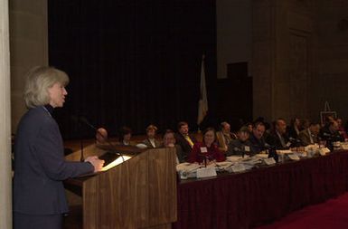 Secretary Gale Norton speaking at meeting of the U.S. Coral Reef Task Force in Washington, D.C. Norton was among officials from 12 federal agencies, 7states and territories, as well as the Marshall Islands, Micronesia, and Palau, discussing projects to improve conservation and management of coral reefs, the impact of climate change, international trade issues, and other matters