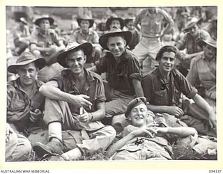 TOROKINA, BOUGAINVILLE. 1945-07-26. THE FIRST CONTINGENT OF "FIVE YEAR RELEASE PERSONNEL" TO LEAVE FOR THE RETURN TO AUSTRALIA. ALL THESE MEN HAVE COMPLETED FIVE YEARS IN THE ARMY AND ARE BEING ..