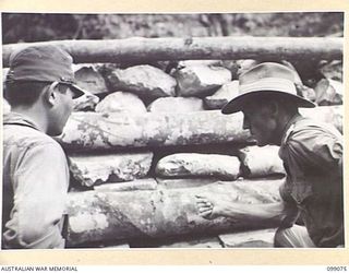 GAZELLE, NEW BRITAIN. 1945-11-23. JAPANESE TROOPS CONSTRUCTED A PRISONER OF WAR CAMP UNDER THE SUPERVISION OF 13 FIELD COMPANY. THEY ALSO BUILT A DAM TO SUPPLY THE CAMP WITH WATER. SHOWN, ..