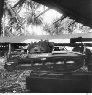 SATTELBERG, NEW GUINEA. 1944-07-06. A TANK OF THE 4TH ARMOURED BRIGADE GROUP. THE PHOTOGRAPH WAS TAKEN FOR USE BY VX76415 LIEUTENANT R.B. EWERS, OFFICIAL WAR ARTIST, MILITARY HISTORY SECTION