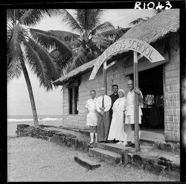 Group outside St John Bosco's school on Nukunonu Island, Tokelau - Photograph taken by Mr Clayton