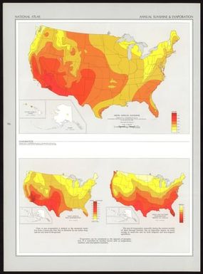 Mean annual sunshine / adapted from a 1:20,000,000-scale map by Environmental Data Service, Environmental Science Services Administration records for the period 1931-1960 -- Mean annual pan evaporation -- Mean May-October evaporation percent of annual.