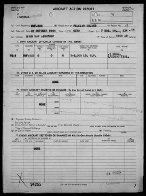 VMF-122 - ACA Form Reps Nos 10-14 - Rep of Barge Sweeps & Bombing & Strafing Targets of Opportunity in the Palau Is & on Yap Is, Carolines, 10/22-24/44