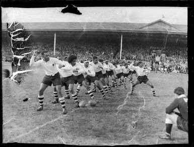 Fijian rugby team performing a cibi before facing the New Zealand Maori team at Athletic Park, Wellington