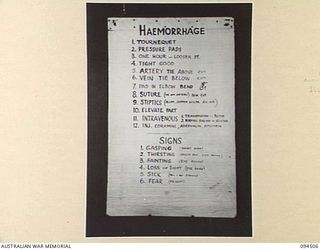LAE AREA, NEW GUINEA, 1945-08-03. A "PIDGIN" ENGLISH CHART USED FOR THE INSTRUCTION OF NATIVE REGIMENTAL AID POST ORDERLIES. THE PHOTOGRAPH WAS MADE AT THE REQUEST OF HEADQUARTERS AUSTRALIAN NEW ..