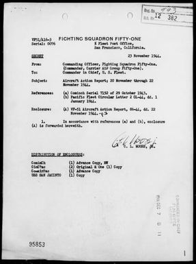 VF-51 - ACA Form Rep #86-44- Rep of Napalm Bombing of Cagil-Tomil Is, Yap Group, Carolines, on 11/22/44