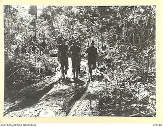 TSIMBA AREA, BOUGAINVILLE ISLAND. 1945-02-17. A PATROL OF THE 31/51ST INFANTRY BATTALION MOVING ALONG A NEW ROAD AT THE FOOT OF TSIMBA RIDGE. IDENTIFIED PERSONNEL ARE:- SX38537 CORPORAL C.W. REIDY ..