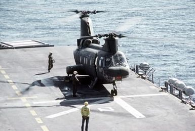 A right side view of a CH-46 Sea Knight helicopter on the flight deck of the amphibious assault ship USS SAIPAN (LHA-2) during exercise Ocean Venture '81