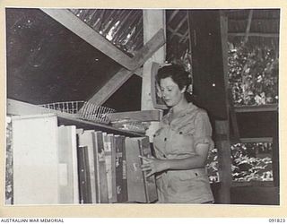 LAE, NEW GUINEA. 1945-05-15. PRIVATE C. CAMPBELL AT HER NEW JOB WITH GENERAL OPERATIONS, HEADQUARTERS FIRST ARMY. A FEW DAYS AFTER THEIR ARRIVAL FROM AUSTRALIA, AUSTRALIAN WOMEN'S ARMY SERVICE ..