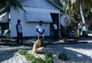 Natives gathered in front of house, Rongelap Island, August 25, 1964