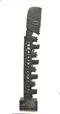 Photo of carving, inscribed: 'Hervey Islands. Head of one of the National Idols of Rarotonga.'(XXXVII/21)