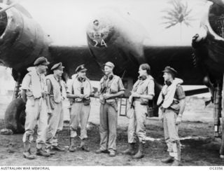 MOROTAI ISLAND, HALMAHERA ISLANDS, NETHERLANDS EAST INDIES. 1945-03-26. THESE ARE SOME OF THE BEAUFIGHTER CREWS OF NO. 31 SQUADRON RAAF WHO PARTICIPATED IN A SUCCESSFUL RAID ON GROUNDED JAPANESE ..