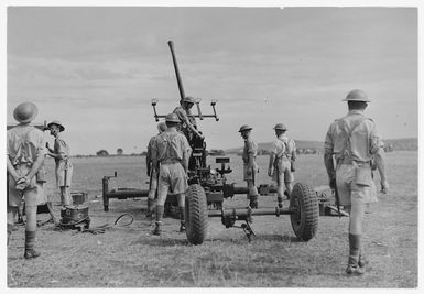 A military display held by the units of the New Zealand Division in New Caledonia during World War II, enemy plane in sight, the crew of a Bofors AA gun in action