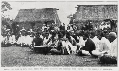 The making of the bowl of Kava from which the acting Governor, Mr Allardyce and officials were served at the opening of the Coronation celebrations in Fiji