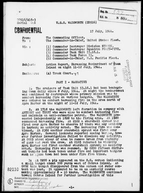 USS WADSWORTH - Report of Harassing Bombardment of Guam Island, Marianas on Night of 7/11-12/44