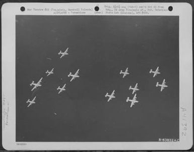 Formation Of Consolidated B-24 "Liberators" Of The Vii Bomber Command Over Kwajalein, Marshall Islands, 3 August 1944. This Is A Practice Formation To Test New Formation Shown By Lt. Colonel Earl R. Task Of Aaf Board, Orlando, Florida. (U.S. Air Force Number B63832AC)