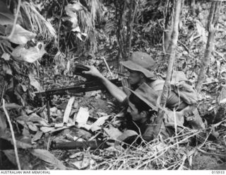 1943-10-06. NEW GUINEA. ATTACK ON LAE. THIS PLATOON OF A FAMOUS AUSTRALIAN BATTALION TOOK PART IN THE VICTORIOUS ADVANCE ON LAE. BRENGUNNERS TAKE UP A POSITION IN AN OLD JAPANESE FOX HOLE. THEY ARE ..