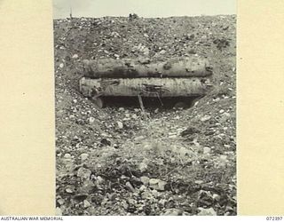 WANDOKAI, NEW GUINEA. 1944-04-17. THE EFFECT OF THE EXPLOSION OF A MORTAR BOMB BURSTING 9 FEET IN FRONT OF A JAPANESE BUNKER SLIT LEAVING THE CRATER IN THE FORE-GROUND AND SPLINTERING THE LOGS. THE ..