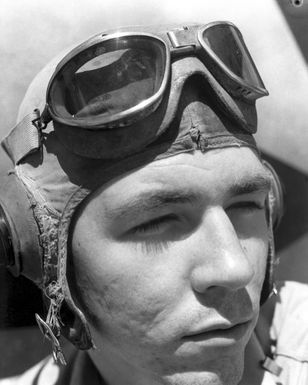World War II (WWII) area photograph of US Marine Corps (USMC) First Lieutenant (1LT) Henry A. McCartney taken at Russell Islands, October 13, 1943. 1LT McCartney, an Ace Pilot was awarded the Air Medal and is credited with 5 kills