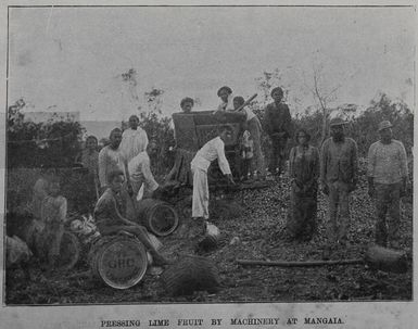 Pressing lime fruit by machinery at Mangaia