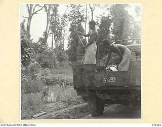 TOROKINA, BOUGAINVILLE ISLAND. 1945-01-17. NATIVES OPERATING A DDT SPRAY FROM A 15 CWT. 4 X 4 VEHICLE OF THE 19TH MALARIAL CONTROL UNIT