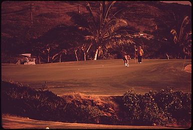 GOLF COURSE BUILT ON LAVA BED NEAR KAILUA ON THE WEST COAST MAKES GOOD USE OF LAND WHICH MIGHT NOT HAVE BEEN SUITABLE FOR AGRICULTURE