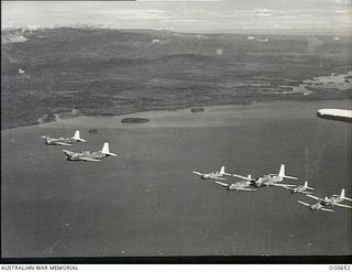 NEAR ALEXISHAFEN, NEW GUINEA. 1944-02-27. IN FLIGHT, VULTEE VENGEANCE DIVE BOMBER AIRCRAFT OF NO. 24 SQUADRON RAAF RETURNING FROM AN AIR RAID ON THE JAPANESE-HELD AIRSTRIP ON THE NORTH COAST OF NEW ..