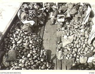 UKILIM, NEW GUINEA. 1944-05-12. A BARGE LOADED WITH PRODUCE FROM NATIVE GARDENS. THE BARGE, CHARTERED FROM LAE BY THE AUSTRALIAN ARMY SERVICE CORPS, TRANSPORTS FRUIT AND VEGETABLES WEEKLY TO THE ..