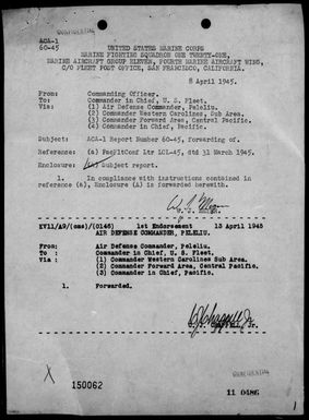 VMF-121 - ACA Report #60 - Bombing bridges at Ngatpang, Babelthuap Island, Palau Islands, 4/8/45