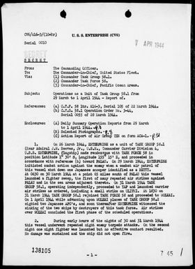 USS ENTERPRISE - Rep of air opers against the Palau and Caroline Islands, 3/28/44-4/1/44, with ACA Reps