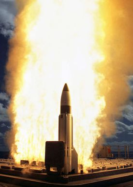 A US Navy (USN) Standard Missile 3 (SM3) is launched from the Mark 41 (MK-41) vertical launch system (VLS) onboard the Ticonderoga Class (Aegis) Guided Missile Cruiser, USS LAKE ERIE (CG 70) to intercept a short range ballistic missile target that was launched from the Pacific Missile Range Facility (PMRF), at Barking Sands, Kauai, Hawaii (HI) during a Missile Defense Agency (MDA) test of its sea-based midcourse program